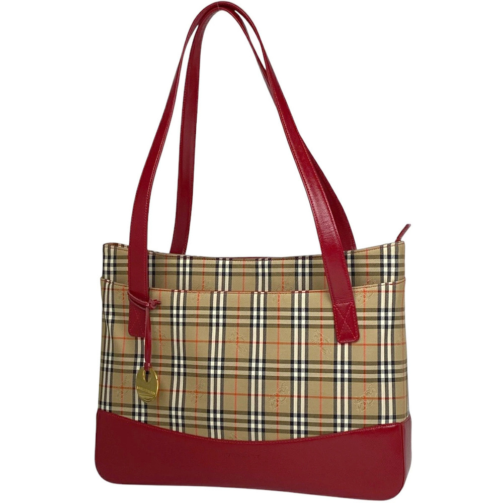Burberry check tote bag shoulder canvas beige red